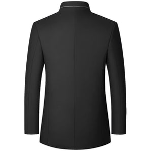 Men's black slim fit luxury winter coat with a high collar, featuring long sleeves and button closures, designed for a formal and stylish appearance.