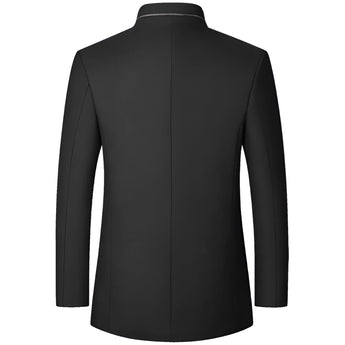Men's black slim fit luxury winter coat with a high collar, featuring long sleeves and button closures, designed for a formal and stylish appearance.
