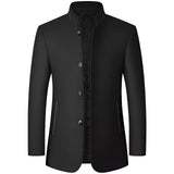 Men's black slim fit luxury winter coat with high-collar design, showcasing a formal and stylish look; features long sleeves and a tailored fit suitable for cold weather.