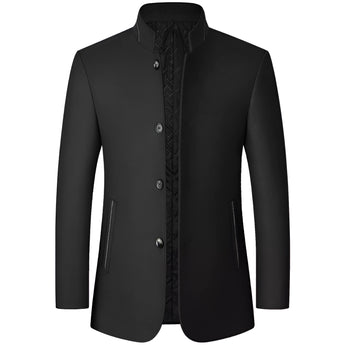 Men's black slim fit luxury winter coat with high-collar design, showcasing a formal and stylish look; features long sleeves and a tailored fit suitable for cold weather.