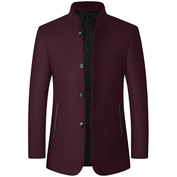 Men's luxury winter coat in a rich red wine color, featuring a high-collar design, slim fit silhouette, and crafted with formal wear elements such as a structured collar, button details, and long sleeves, suitable for size 2XL.