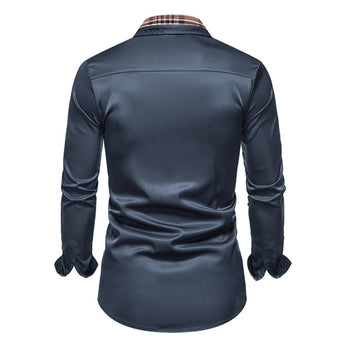 Men's black slim fit shirt with a contrast collar, tartan placket, and long sleeves.