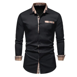 Men's black slim fit shirt with contrast collar and tartan placket, size 2XL.