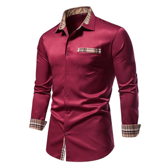 Men's black slim fit shirt with contrast collar and tartan placket featuring buttons and long sleeves.