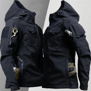 Men's black tactical hoodie in XL size, featuring multiple pockets, a military-style design, and a comfortable fit with long sleeves and a high collar.