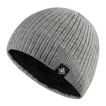 Men's black thermal beanie with fleece lining and a snowflake emblem on the front.