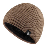 A khaki thermal beanie designed for men featuring a fleece lining and a subtle snowflake emblem on the front.