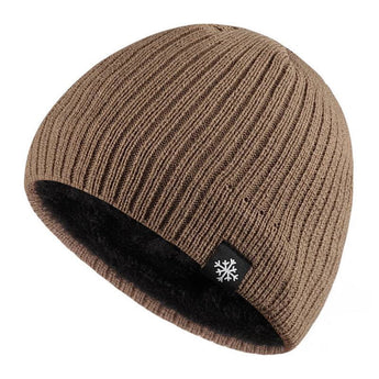 A khaki thermal beanie designed for men featuring a fleece lining and a subtle snowflake emblem on the front.
