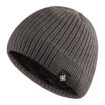 Men's dark gray thermal beanie with fleece lining and snowflake emblem.