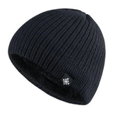 Men's marine blue thermal beanie with fleece lining and a snowflake emblem.