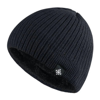 Men's marine blue thermal beanie with fleece lining and a snowflake emblem.