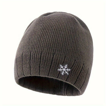Men's black thermal beanie with a fleece lining, featuring a snowflake emblem on the front.