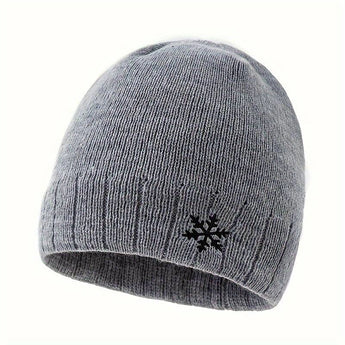 Men's light gray thermal beanie with fleece lining, featuring a snowflake emblem on the front.