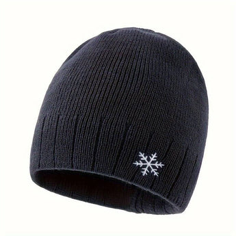 Men's black thermal beanie with a fleece lining, featuring a snowflake emblem design.