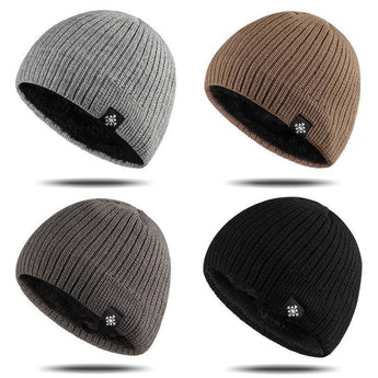 Men's black thermal beanie with a fleece lining and a snowflake emblem displayed, featuring a mix of black and grey tones.