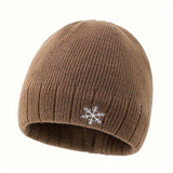 Men's black thermal beanie, fleece-lined with snowflake emblem, displayed on a mannequin head.