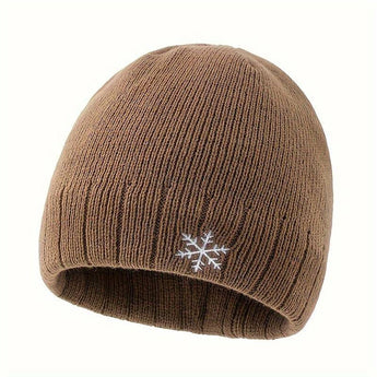 Men's black thermal beanie, fleece-lined with snowflake emblem, displayed on a mannequin head.