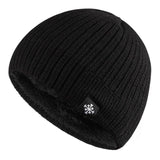 Men's black thermal beanie with a fleece lining and a snowflake emblem.