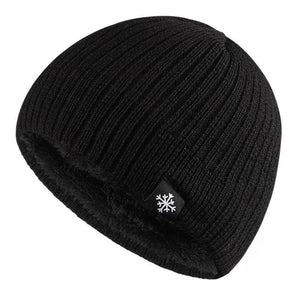 Men's black thermal beanie with a fleece lining and a snowflake emblem.