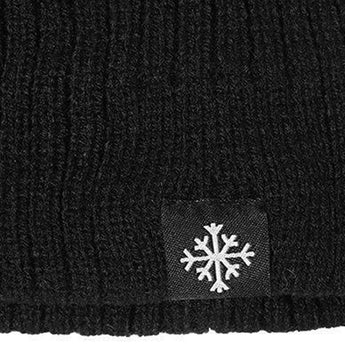 Men's black thermal beanie with fleece lining and a snowflake emblem, displayed in monochrome with a focus on texture and design.
