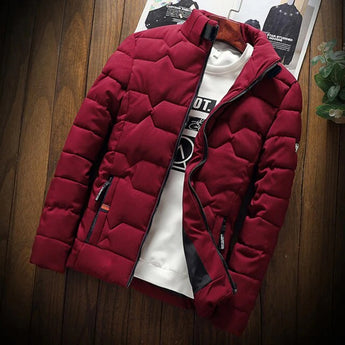 Men's red thermal water-resistant puffer jacket in 3XL size, featuring a high collar and long sleeves, designed for lightweight durability.