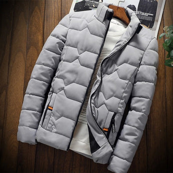 Men's gray thermal water-resistant puffer jacket in size 3XL, featuring a lightweight and durable design with long sleeves.
