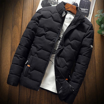 Men's black thermal water-resistant puffer jacket with a lightweight and durable design, featuring long sleeves, a stand-up collar, and multiple pockets, shown in size 3XL.