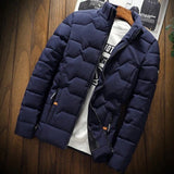 Men's black puffer jacket with a marine blue accent, designed to be thermal and water-resistant, featuring lightweight and durable material, and shown in size 3XL.