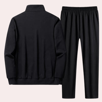 Men's black tracksuit set featuring a long-sleeved top with a collar and patterned design, suitable for winter comfort and sportswear activities.