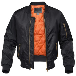 Men's black urban bomber jacket in 3XL with orange quilted lining, featuring a zipper pocket, collar, and long sleeves.