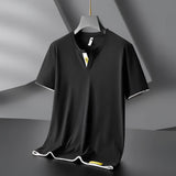 Men's black V-neck T-shirt in slim fit with contrast piping, lightweight fabric, seen in size large (Nero), featuring short sleeves and a modern collar design.