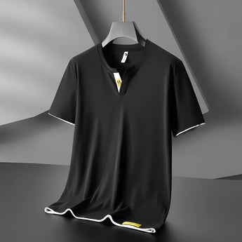 Men's black V-neck T-shirt in slim fit with contrast piping, lightweight fabric, seen in size large (Nero), featuring short sleeves and a modern collar design.