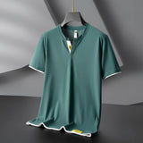 Men's black v-neck t-shirt in a slim fit design with contrast piping, featuring a comfortable lightweight jersey material and stylish fashion details.