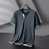 Men's dark gray V-neck T-shirt with contrast piping, slim fit design, lightweight fabric, and short sleeves.