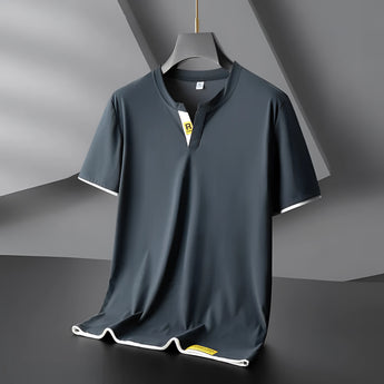 Men's dark gray V-neck T-shirt with contrast piping, slim fit design, lightweight fabric, and short sleeves.