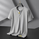 Men's light gray V-neck T-shirt with black contrast piping, slim fit design, and lightweight fabric, displayed in a size large.