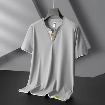 Men's light gray V-neck T-shirt with black contrast piping, slim fit design, and lightweight fabric, displayed in a size large.