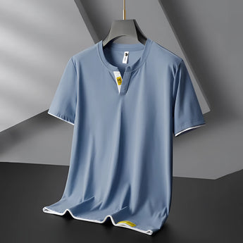 Men's blue V-neck T-shirt in a slim fit with contrast piping, lightweight fabric, large size, featuring short sleeves and a stylish design.