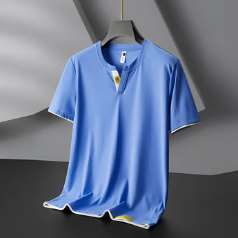 Men's black V-neck T-shirt in slim fit with contrast piping, featuring lightweight material, and displayed in size large with an electric blue (Azzurro) color.
