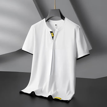 Men's black V-neck t-shirt with slim fit, featuring contrast piping and lightweight fabric, displayed in a variant of white color, size large.