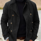Men's black velvet double-breasted peacoat featuring a classic collar, buttoned front, and long sleeves, designed for a stylish and luxurious winter look.