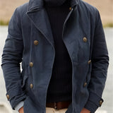 Men's black velvet double-breasted peacoat with a luxurious finish, featuring a classic collar and long sleeves, ideal for winter wear.