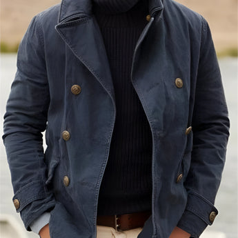 Men's black velvet double-breasted peacoat with a luxurious finish, featuring a classic collar and long sleeves, ideal for winter wear.