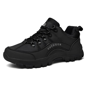 Men's black waterproof hiking shoes designed for lightweight and non-slip performance on trails, featuring durable construction and an athletic style suitable for outdoor activities.