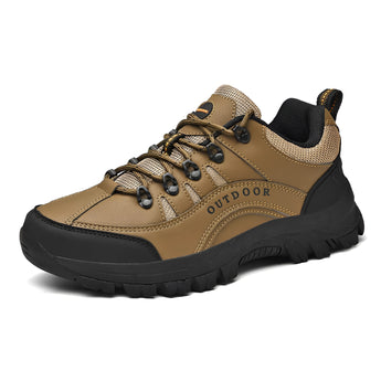 Men's black waterproof hiking shoes, lightweight and non-slip, designed for outdoor trails and walking.