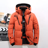 Men's black waterproof insulated puffer ski jacket in orange, size 4XL, featuring long sleeves, high collar, and durable outerwear material.