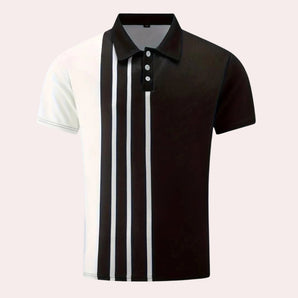 Men's black and white striped polo shirt with short sleeves, a button-up front, and a collar, designed for casual wear.