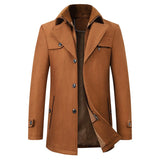 Men's double-breasted peacoat in black wool blend, shown in sienna color variant, featuring formal design with a structured collar, sleeves, and buttoned front suitable for winter wear.