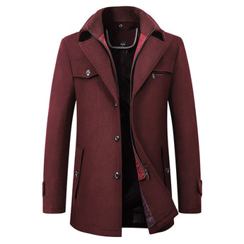 Men's wine red wool blend double-breasted peacoat in 3XL, featuring a formal design with a wide collar, long sleeves, and button closures, made from natural materials.