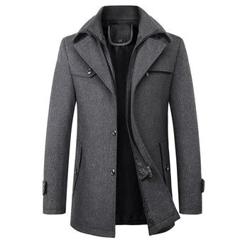 Men's dark gray wool blend double-breasted peacoat featuring a formal design with long sleeves, a notched collar, and button details.